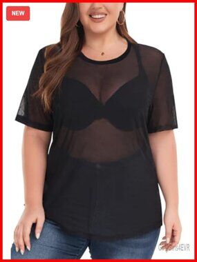 Plus Size Glitter Sheer Mesh Short Sleeve Tee Shirt Top